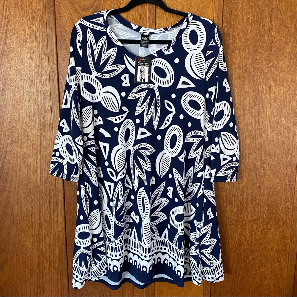NWT Lildy V-Neck Navy Blue Floral Tunic Midi Dress - Picture 2 of 11